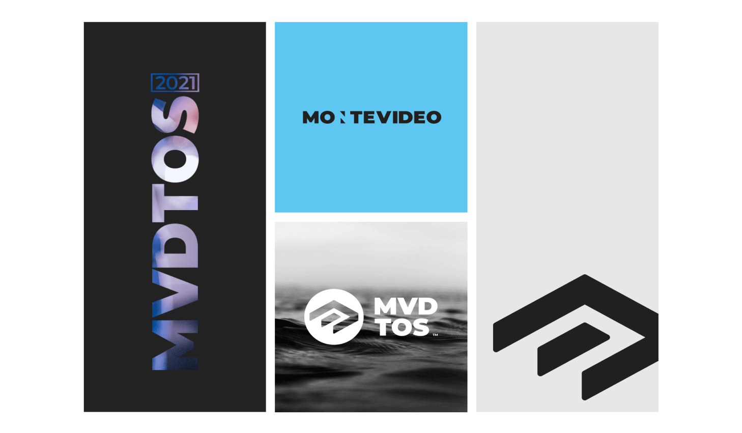 Montevideo brand grid: MVDTOS 2021 in vertical type, the logo on blue and the logo mark