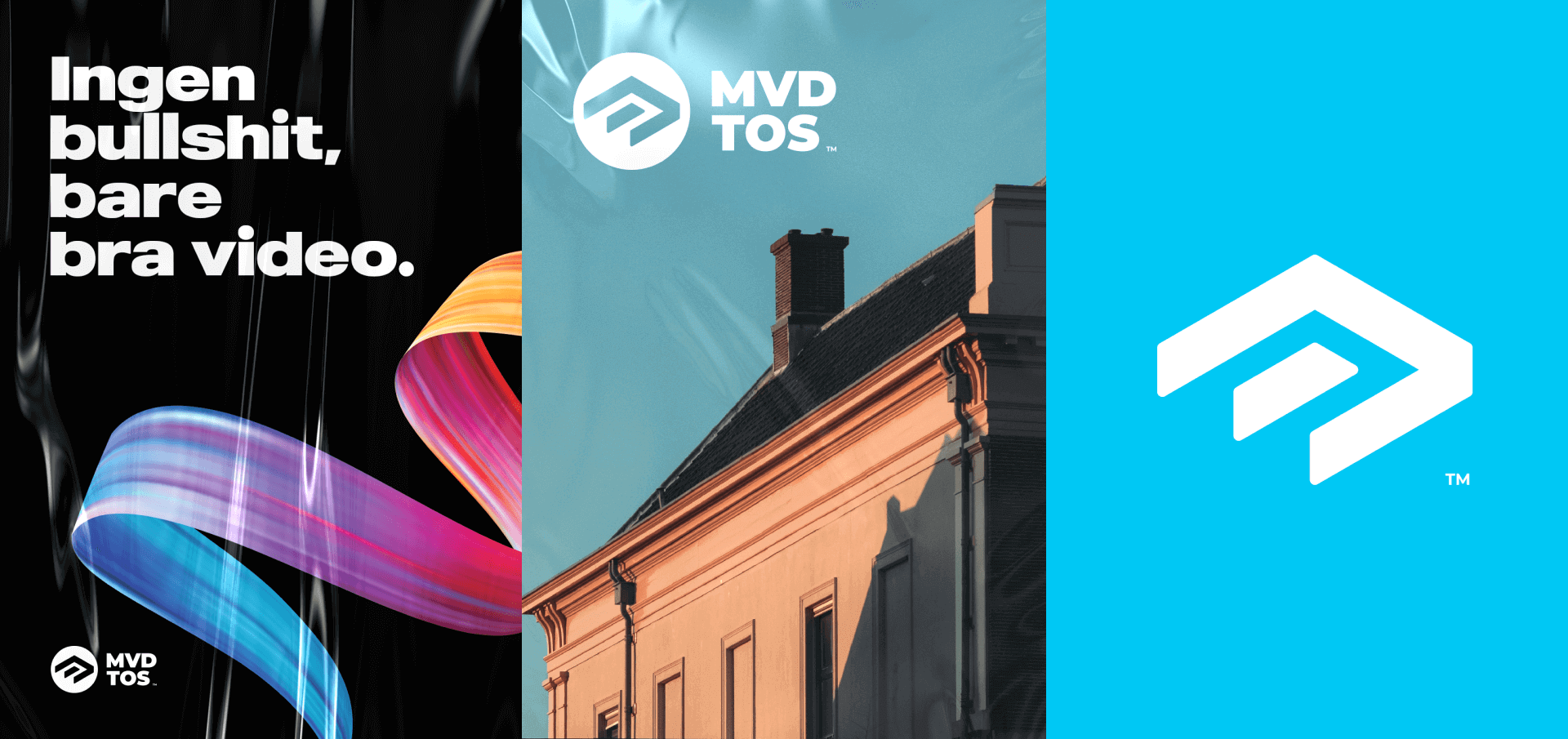 Montevideo brand panels: a slogan poster, the logo on a photo and the logo mark on blue