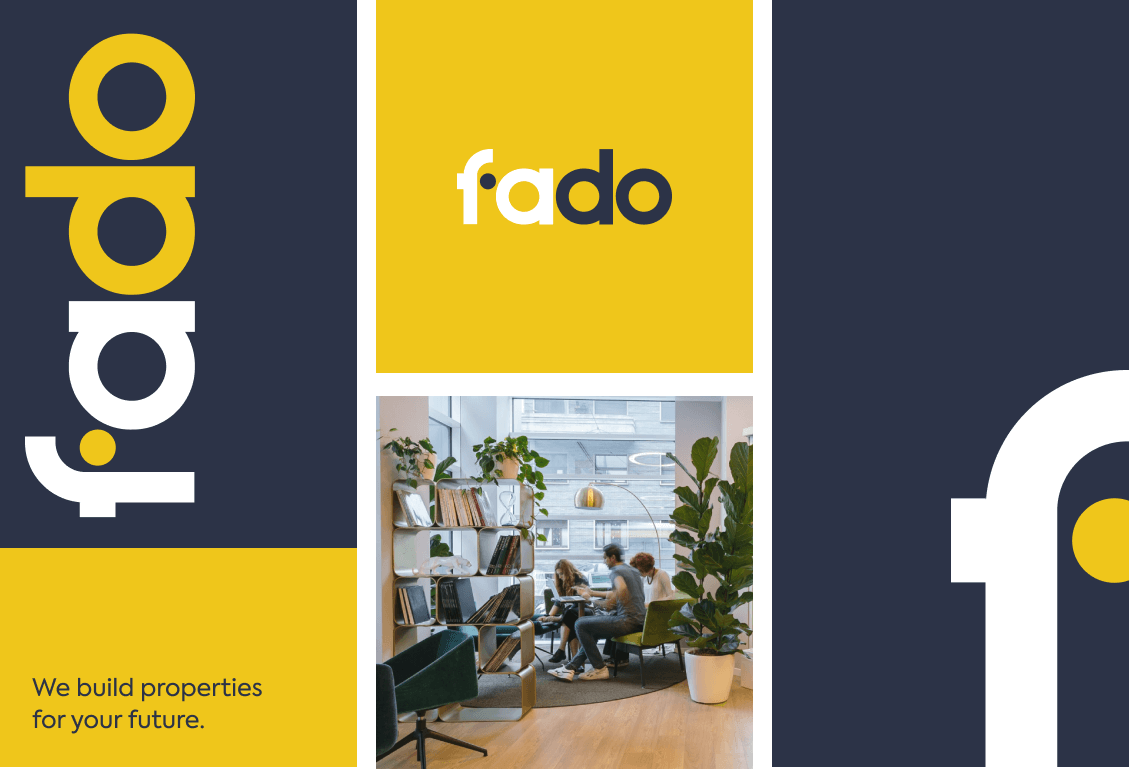Fado brand panels: the vertical logo, a yellow logo tile and an office photo