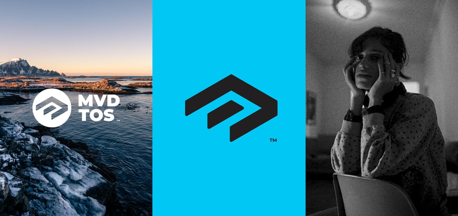 Montevideo brand panels: a coastal photo with the logo, the logo mark on blue and a black and white portrait