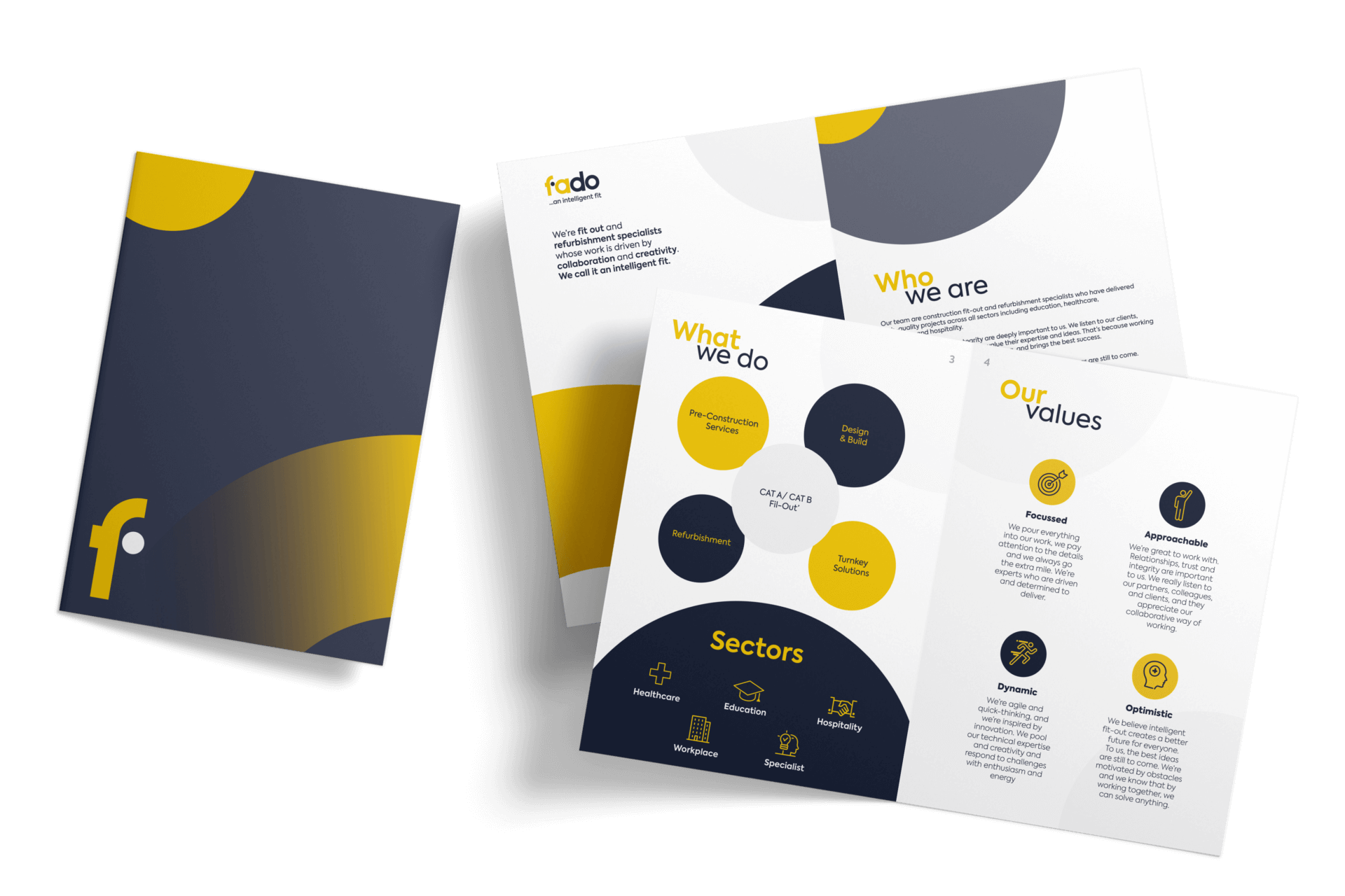 The Fado brochure: the cover and inside pages about what they do, their values and sectors