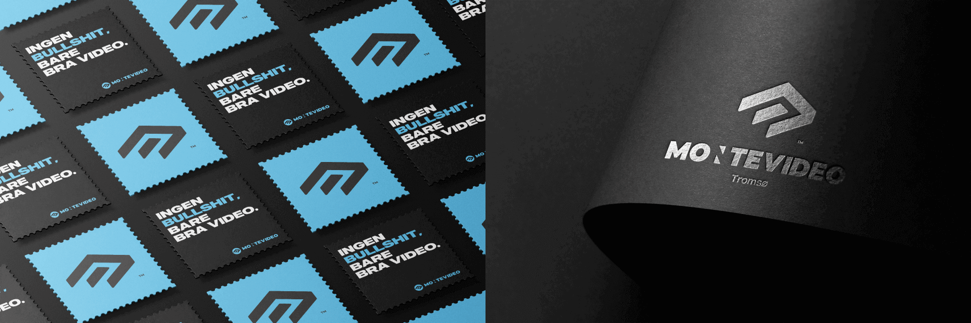 Rows of Montevideo business cards beside a black card with the Montevideo logo