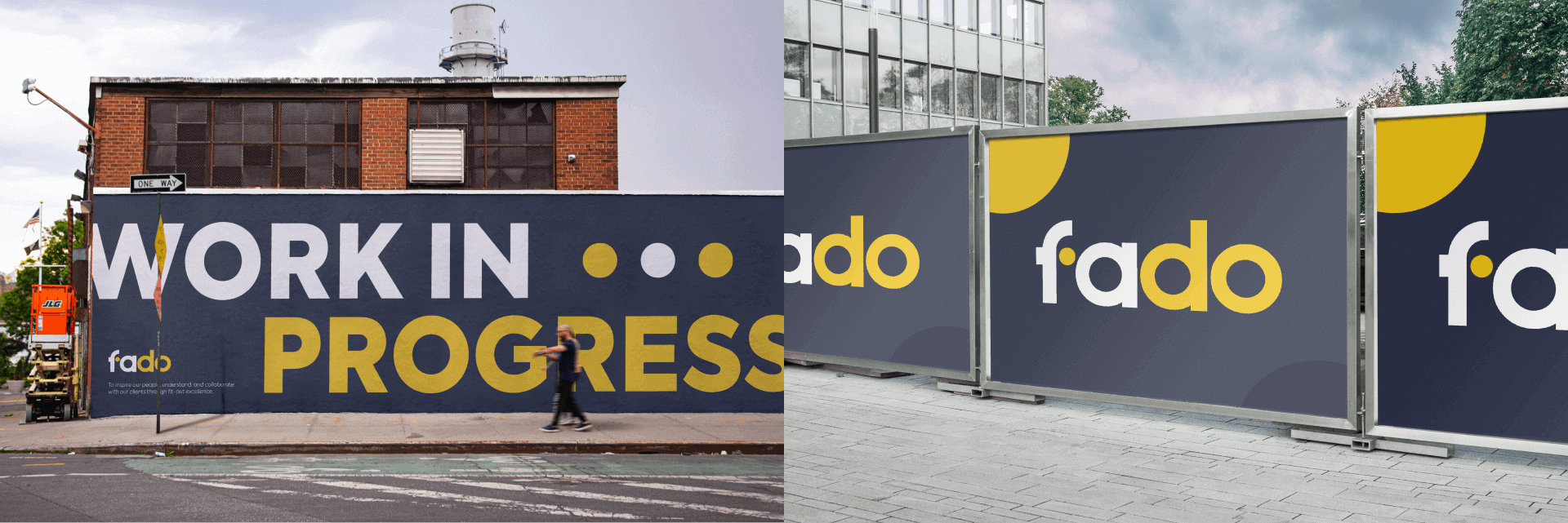 Fado-branded site hoardings, including one reading Work in progress