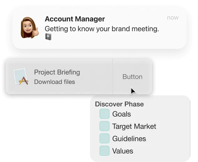 Illustration: an account manager message about a brand meeting, a project briefing download and a discover-phase checklist