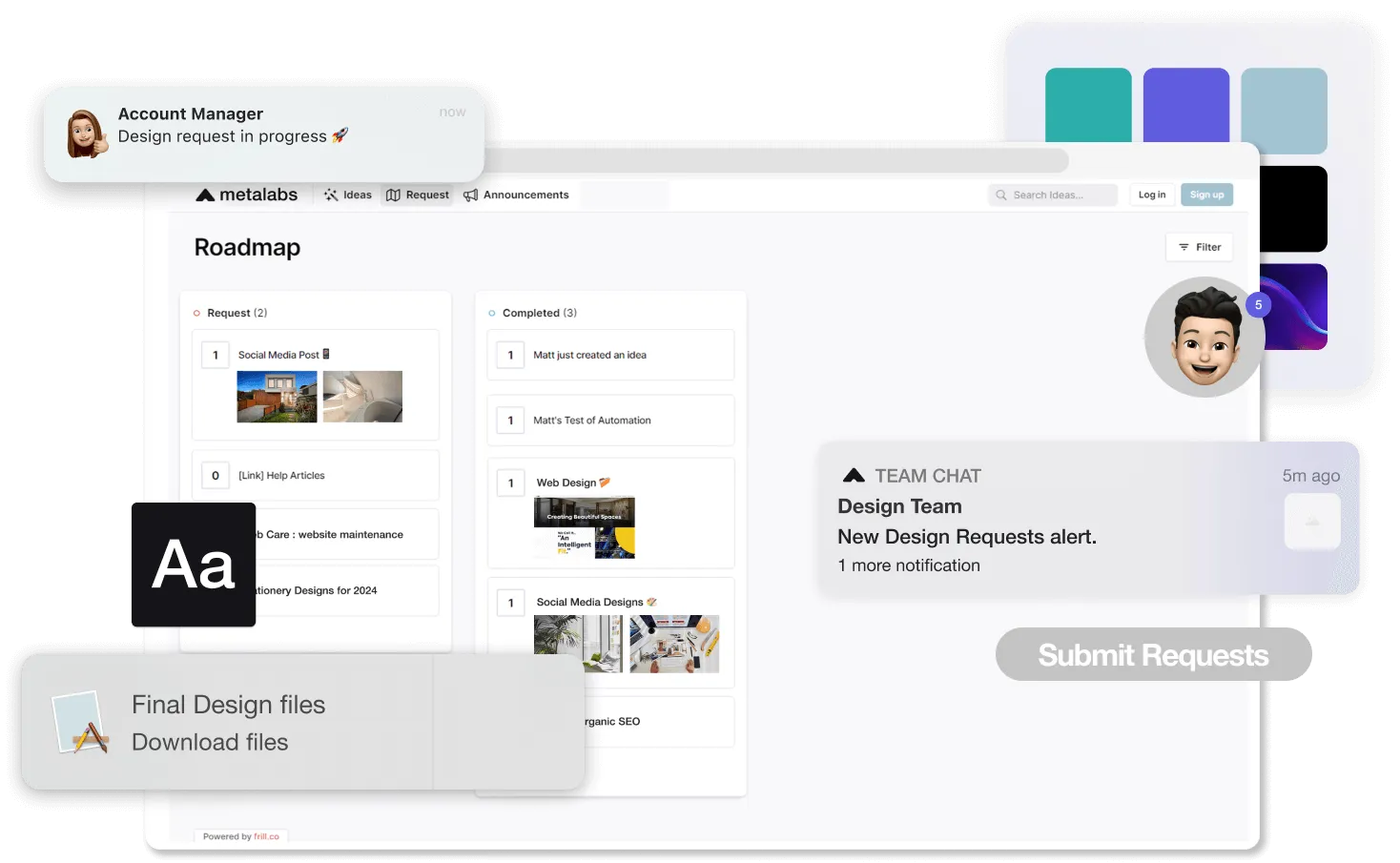 Illustration: a client roadmap board with design requests, a team chat alert and a file download