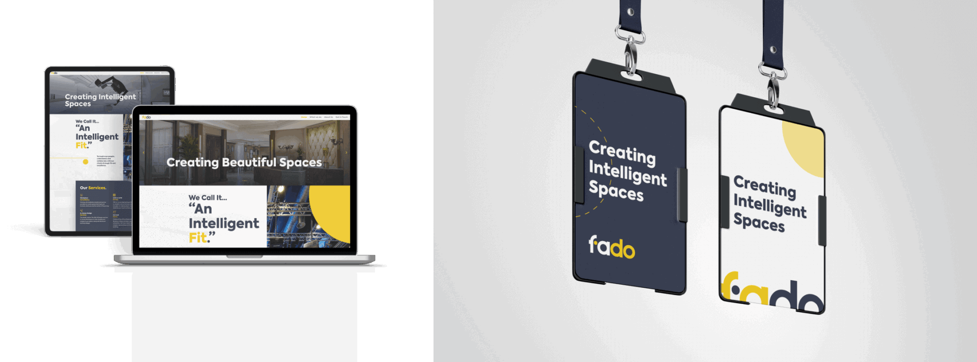 The Fado website on a laptop and tablet next to Fado-branded lanyards